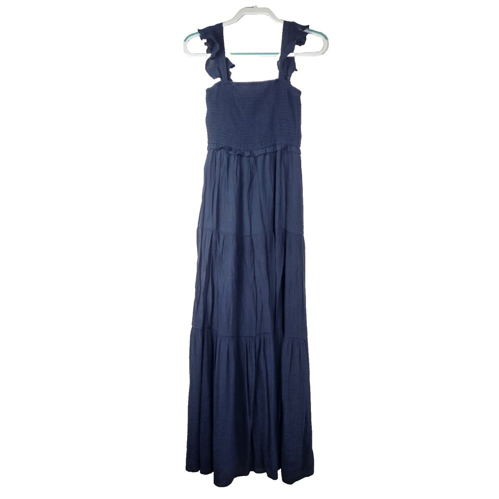 Nanette Lepore Womens Smocked Tiered Maxi Dress Size 6 Navy Blue Ruffled Straps